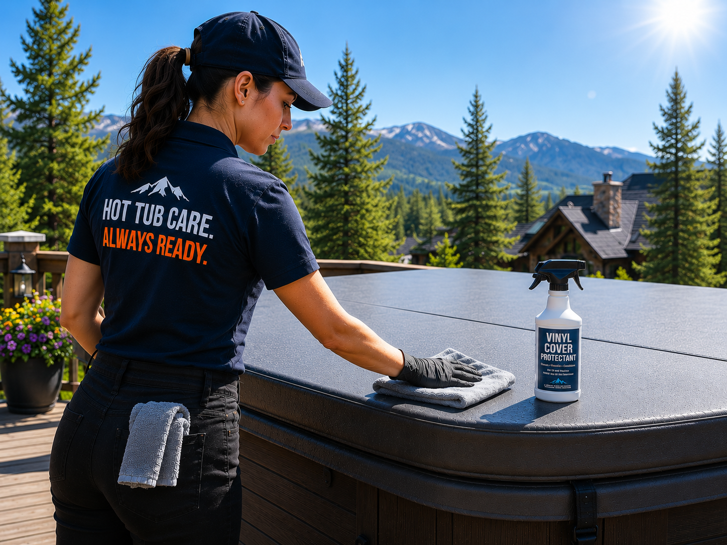 Technician cleaning hot tub cover